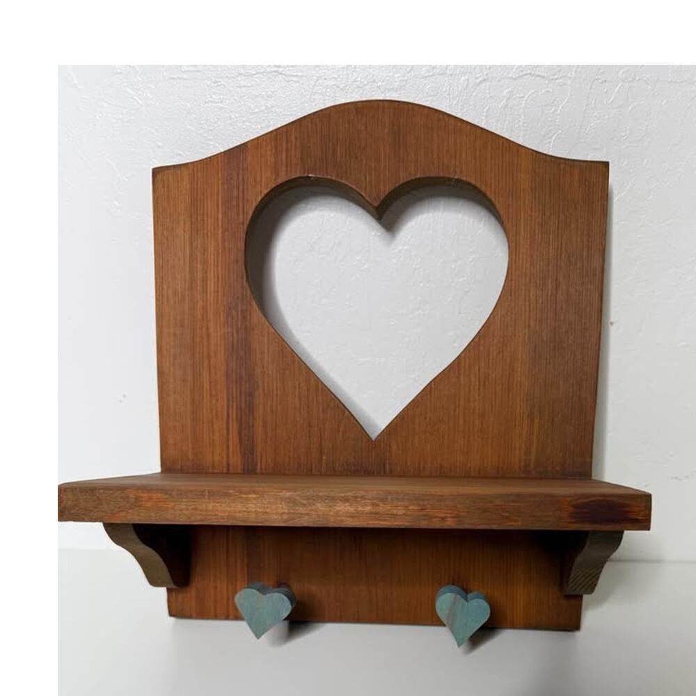 Wooden heart shelf, cut out peg hooks, primitive, solid wood